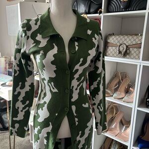 Green and White Sweet Dress Camouflage Cardigan